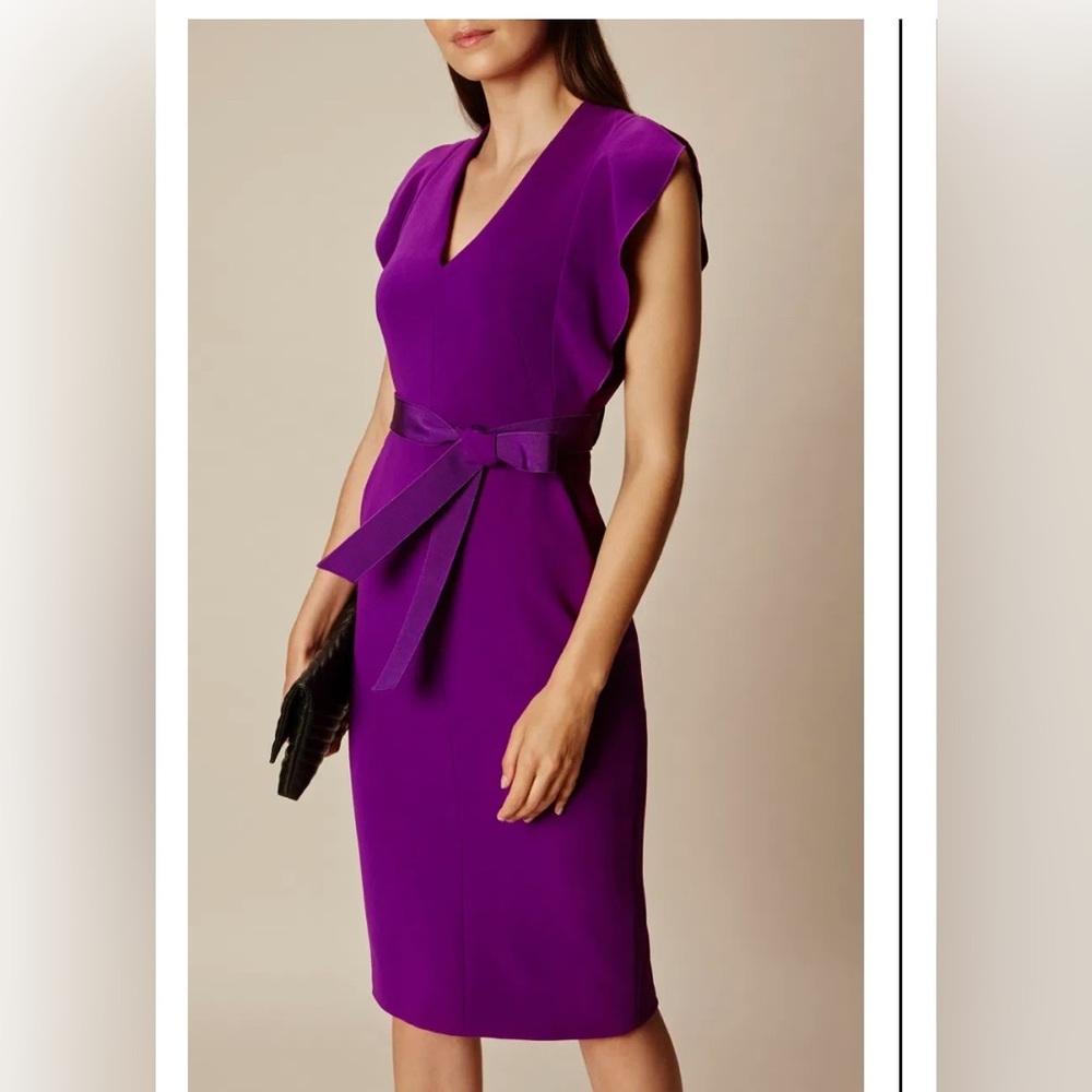 Karen‎ Millen Purple Ruffle Sleeve V-Neck Belted Sheath Dress NWT